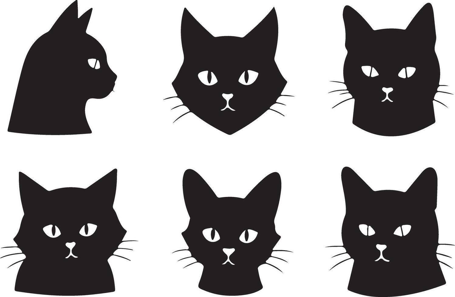 Six black cat silhouettes in different poses, including a side profile, a front facing pose with whiskers, and a variety of head tilts. vector