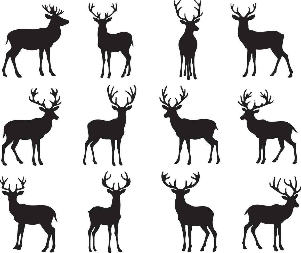 A collection of twelve deer silhouettes in black, depicted in various poses, standing against a white background. vector