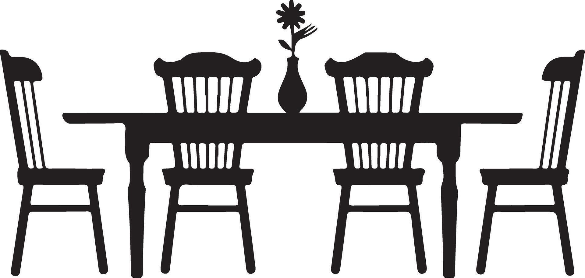 A simple black silhouette of a dining table with four chairs, a vase with a flower on the table. vector