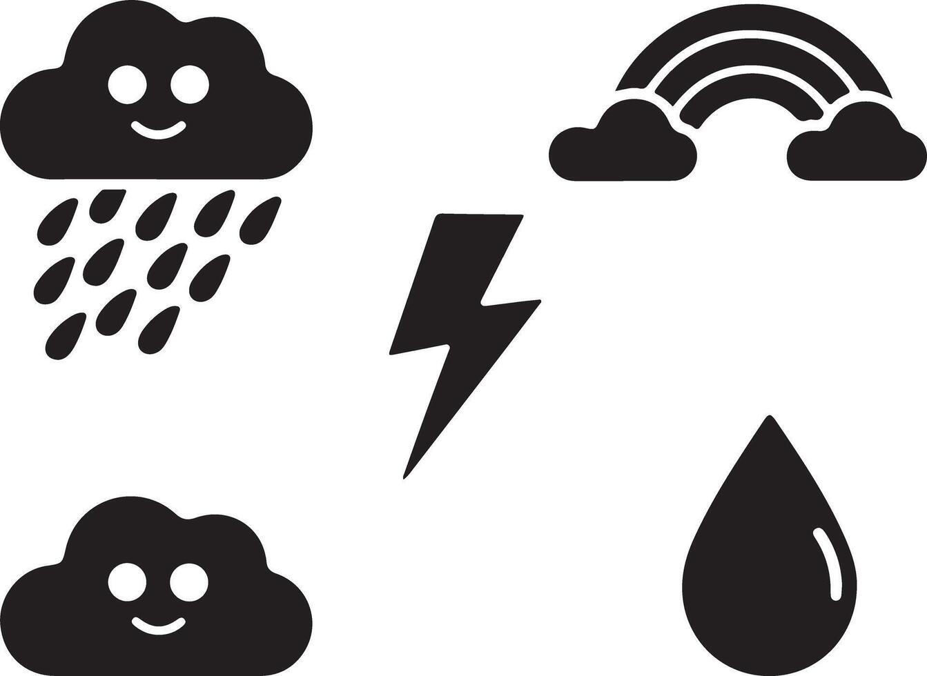 A set of black and white weather icons, including a smiling cloud with rain, a lightning bolt, a water drop, and a smiling cloud with a rainbow above it. vector