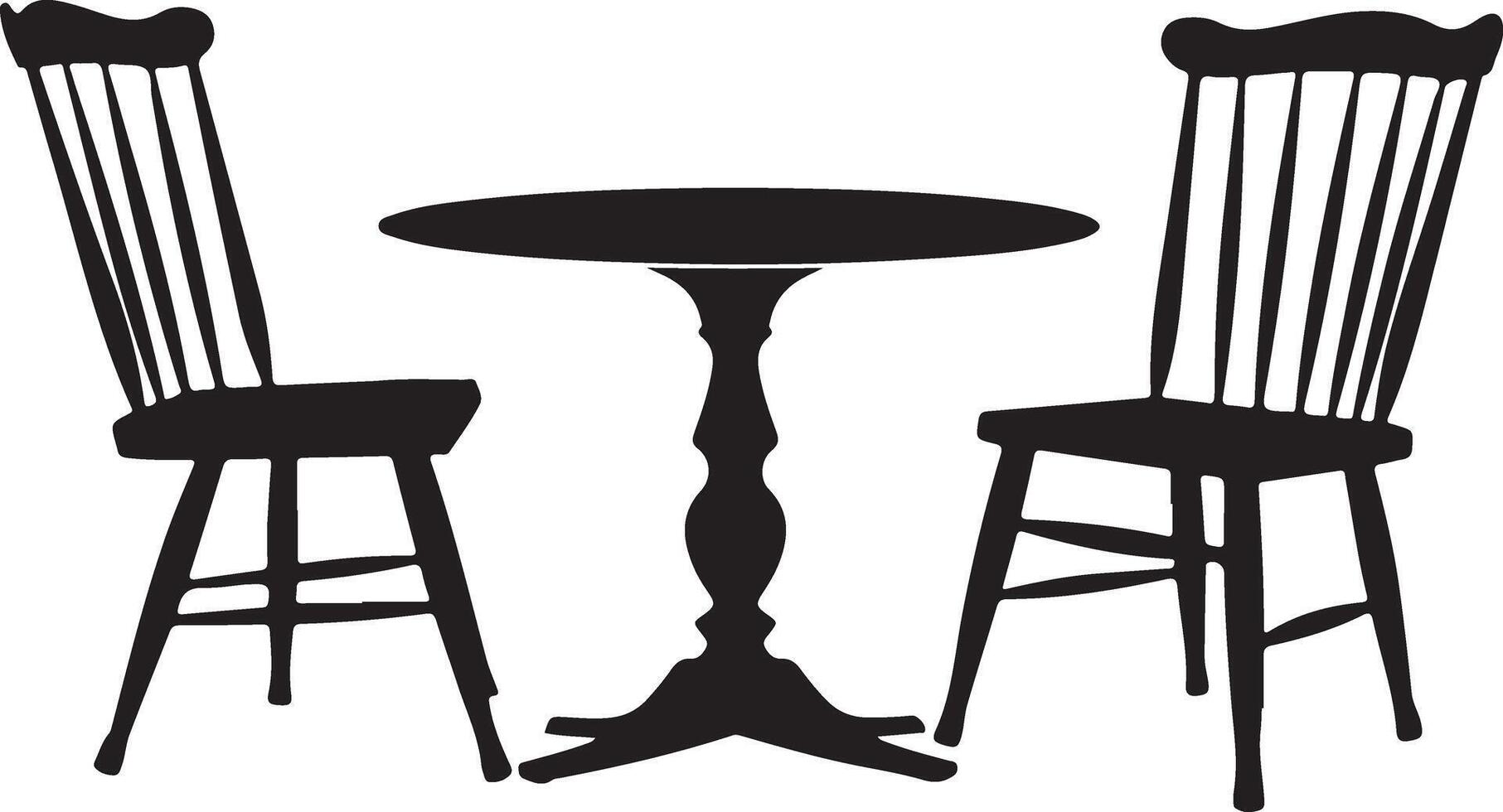 A black and white silhouette of a round table with two chairs on either side vector