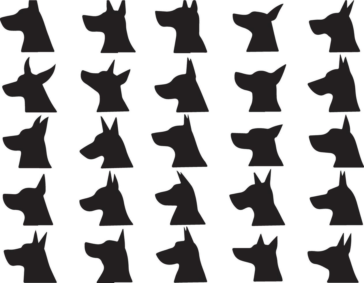 The image showcases 25 black silhouettes of dog heads in profile view, arranged in five rows of five, all facing the right. The silhouettes are simple and clean. vector
