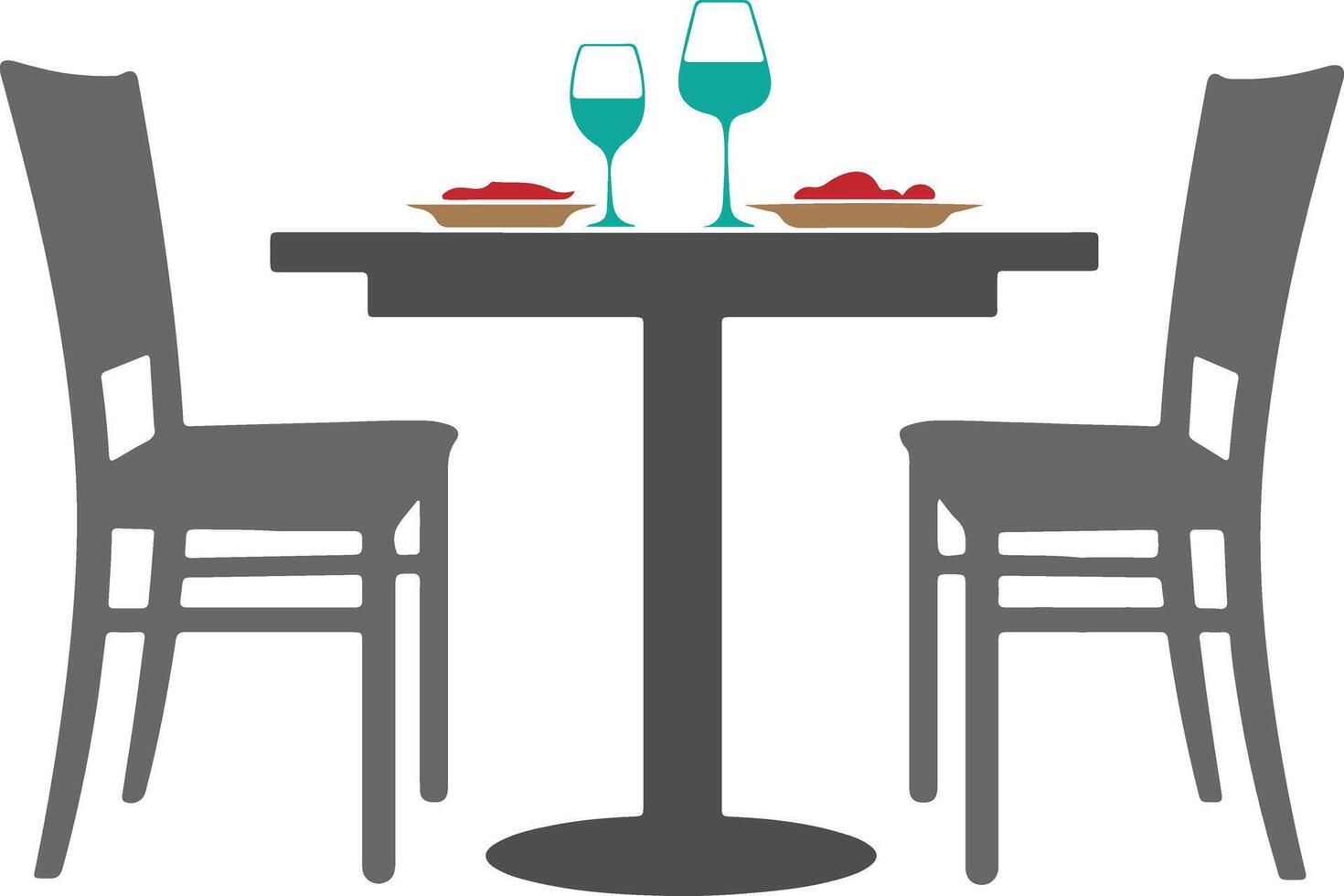 A minimalist illustration of a table setting with two chairs, two wine glasses, and two plates with red accents vector
