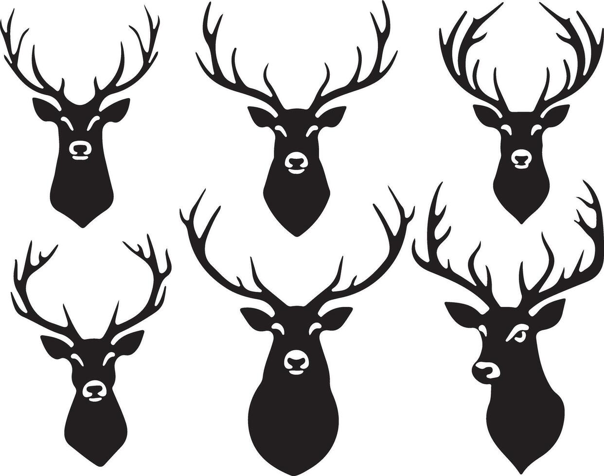 Six black silhouette deer heads with antlers facing different directions on a white background vector