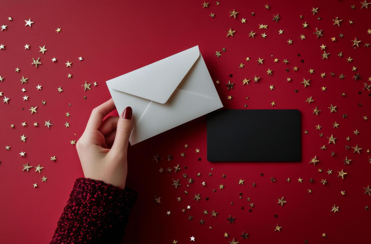 A hand holding a white envelope beside a black card on a red table with scattered glitter photo