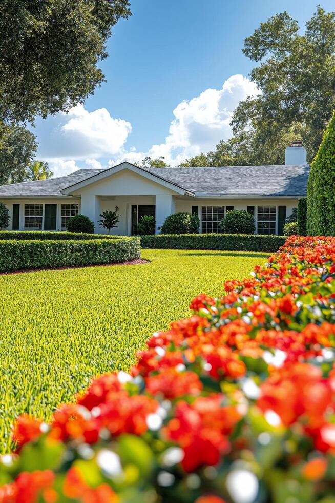 Well manicured garden with vibrant red flowers outside a charming white house in daylight photo