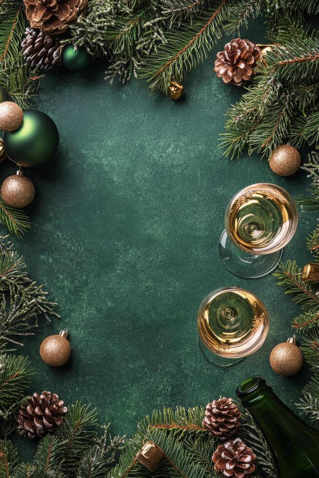 Celebratory champagne and ornaments arranged on a festive green background during holiday season photo