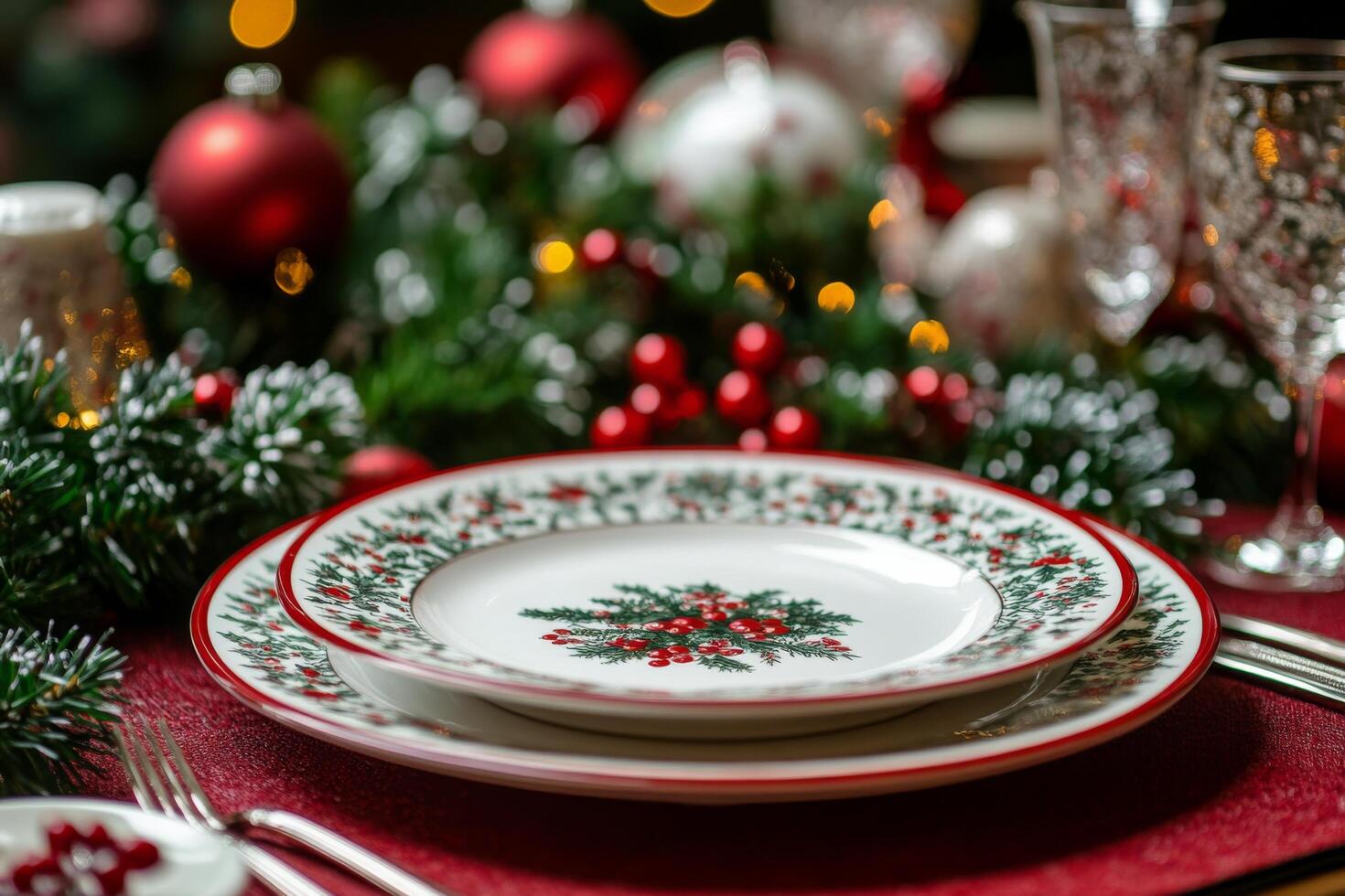 Elegant holiday dining setting with decorative plate and festive table arrangement at night photo