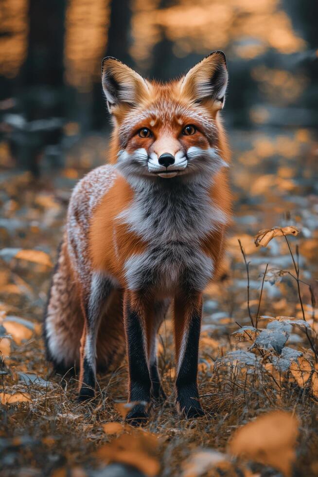 A vibrant red fox standing gracefully in the forest during autumn with colorful foliage nearby photo