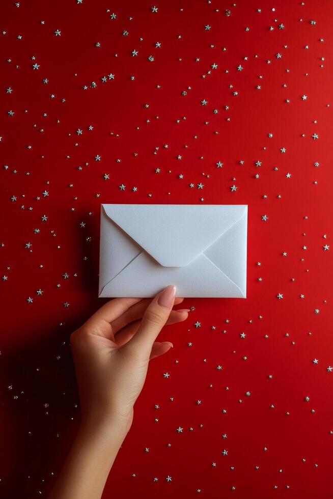 A hand holds a white envelope against a vibrant red background decorated with silver stars photo