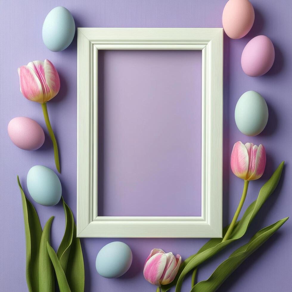 Colorful Easter eggs arranged with flowers around a blank picture frame on a purple background photo