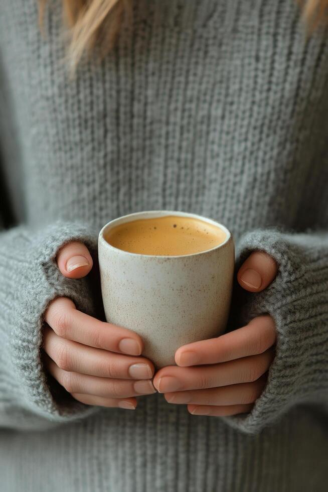 A cozy moment with a warm drink in a knitted sweater during a chilly day photo