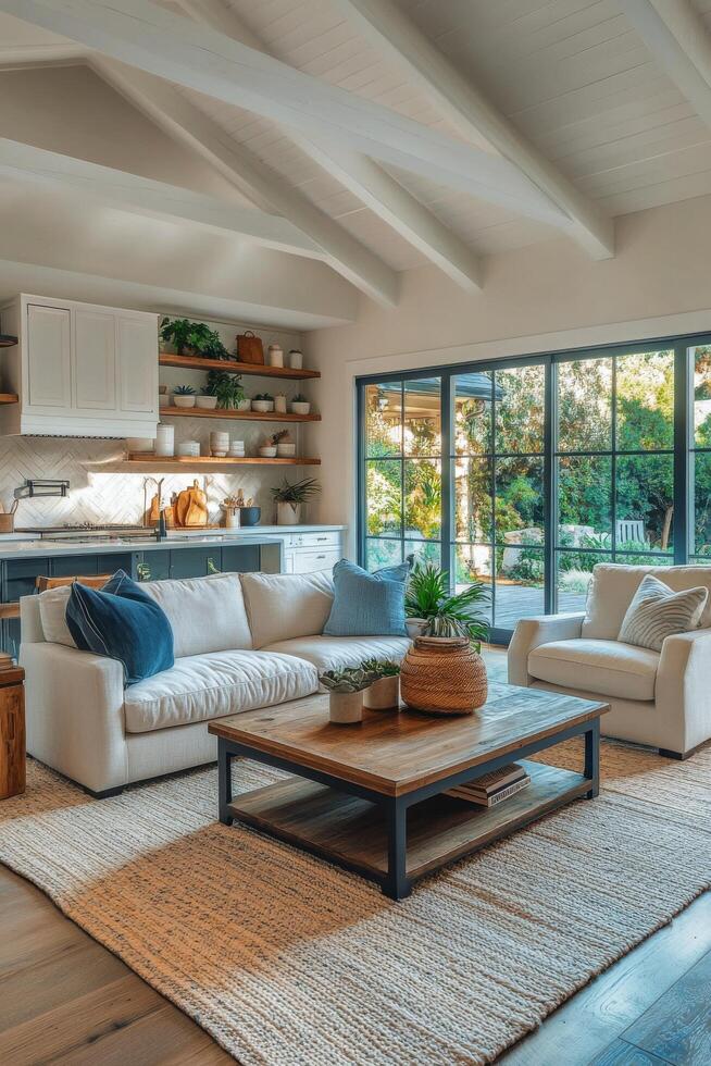 Cozy living room with large windows and natural decor in a serene home setting during daylight photo