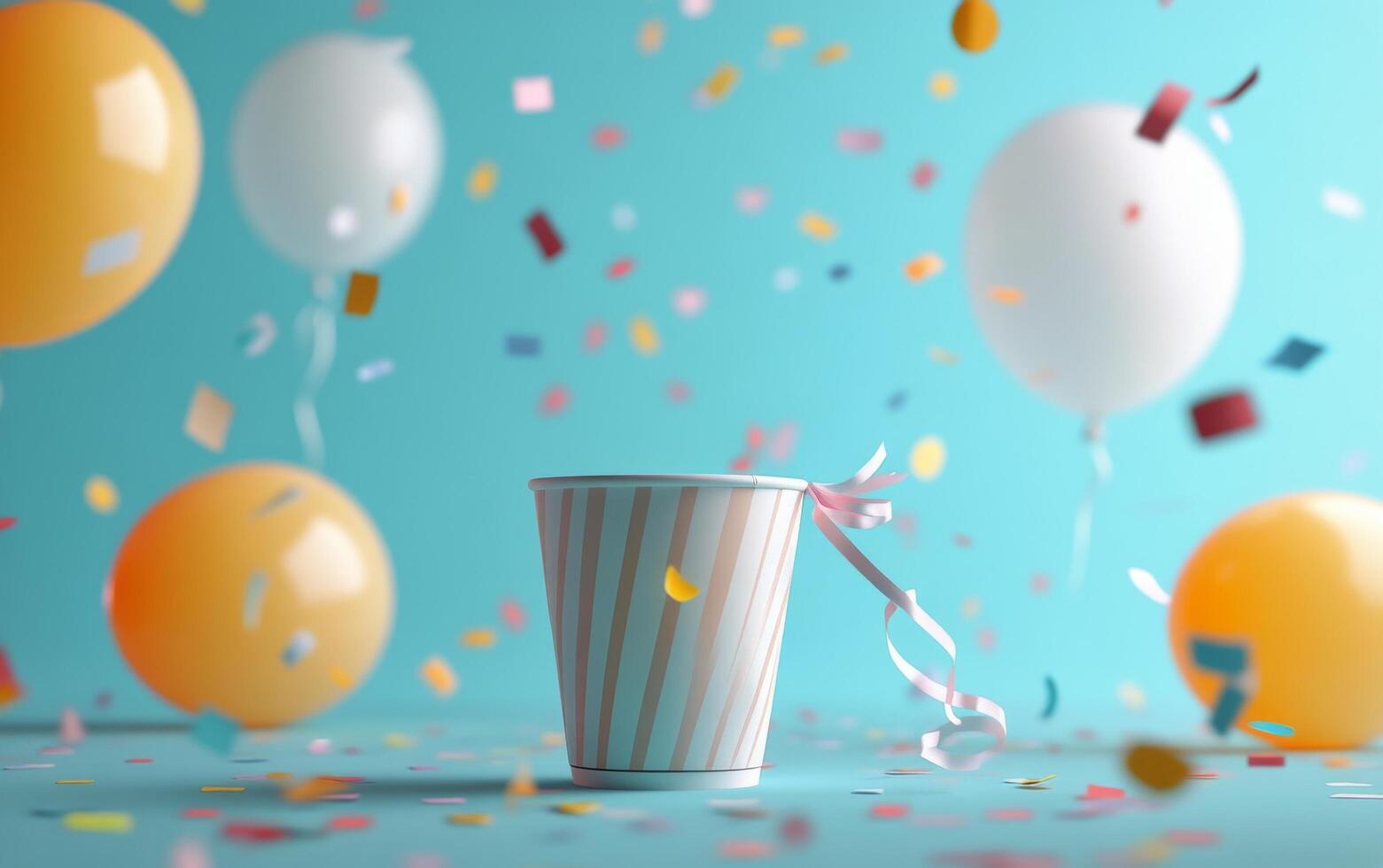 Colorful celebration setup with balloons, confetti, and a festive cup on a bright background photo