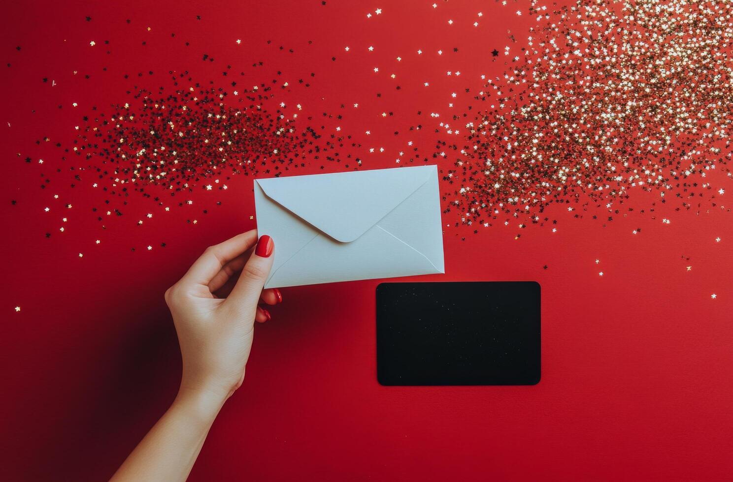 A hand holding a white envelope beside a black card on a red table with scattered glitter photo