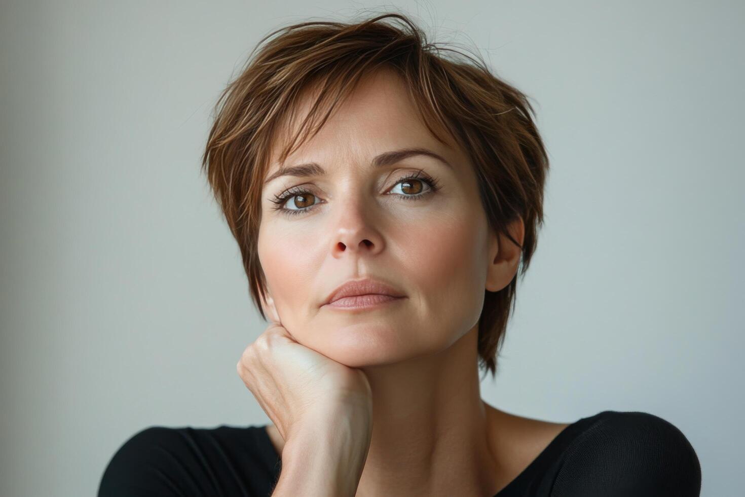 A thoughtful young woman with short hair poses quietly against a neutral background indoors photo
