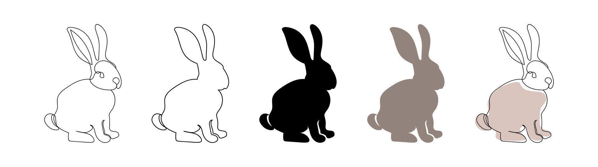 Set of Rabbits isolated on a white background. Includes black silhouette, outline, continuous one line drawing and colored versions. Concept of Easter Bunny, Cute hare. pet, animal, design elements vector