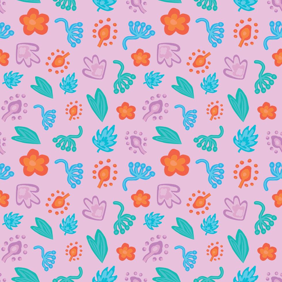 Colorful Floral and Leaf Seamless Pattern on Pink Background. Concept of Nature Illustration, Botanical Elements, Bright Flowers, Vibrant Leaves. Design for Fabric, Wallpaper or Wrapping Paper vector