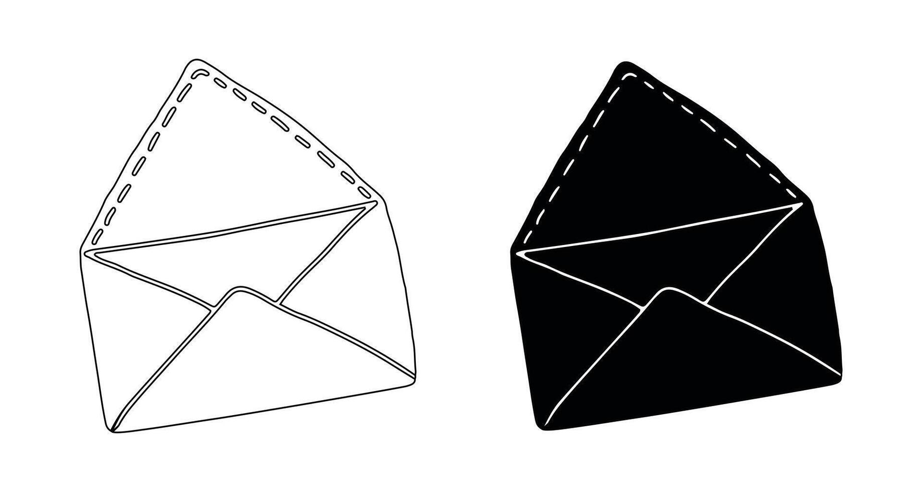 Set of Hand-Drawn Envelopes in Black Silhouette and Outline. Isolated on white background. Concept of Stationery, Paper Craft, Cute Design Elements, Invitation. Print, template vector