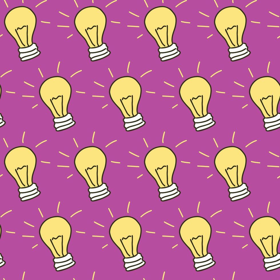 Seamless Pattern of Glowing Light Bulbs on Pink Background. Concept of Innovation, Bright Ideas, Creativity, Electrical Design. Art, Decoration, graphic design, inspiration symbol. Background vector