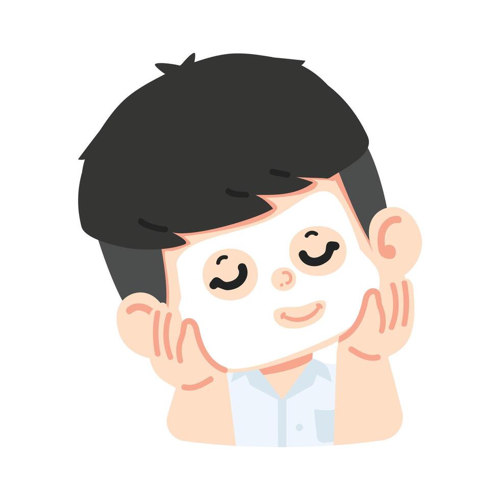 Boy applying facial mask on face vector