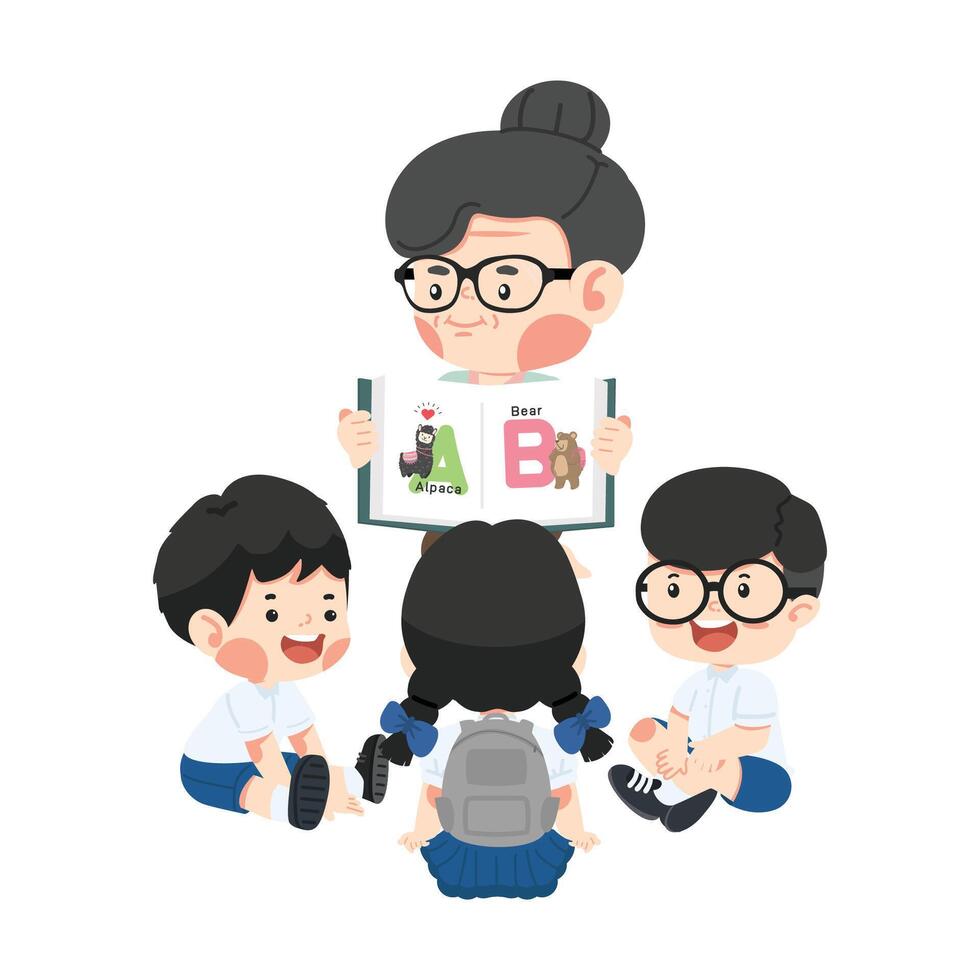 A group of children sitting in a circle around a teacher vector