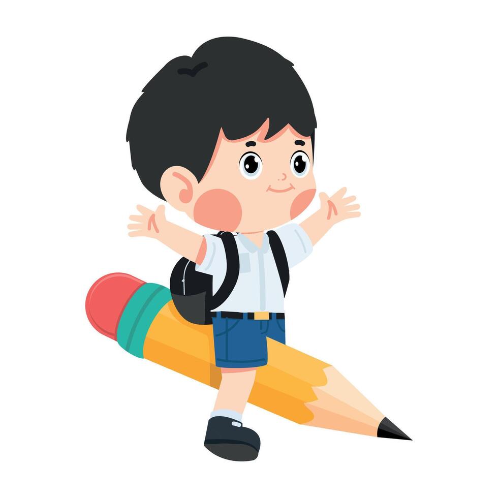 Happy boy student flying on Pencil vector