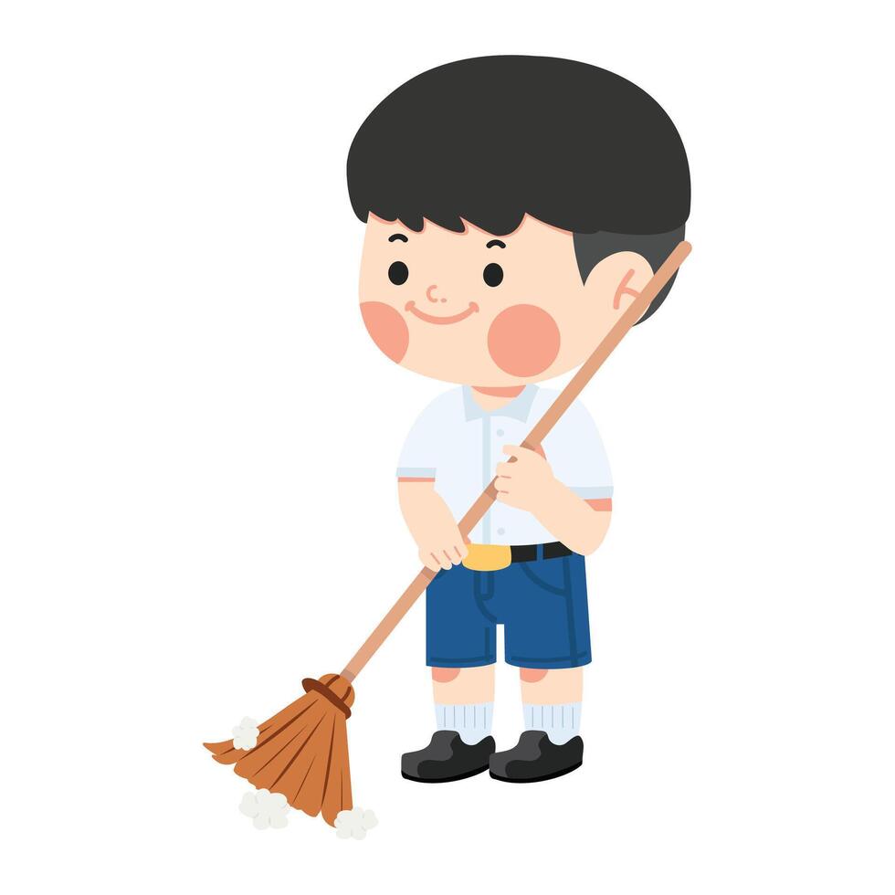 Kid boy is holding a broom and smiling vector