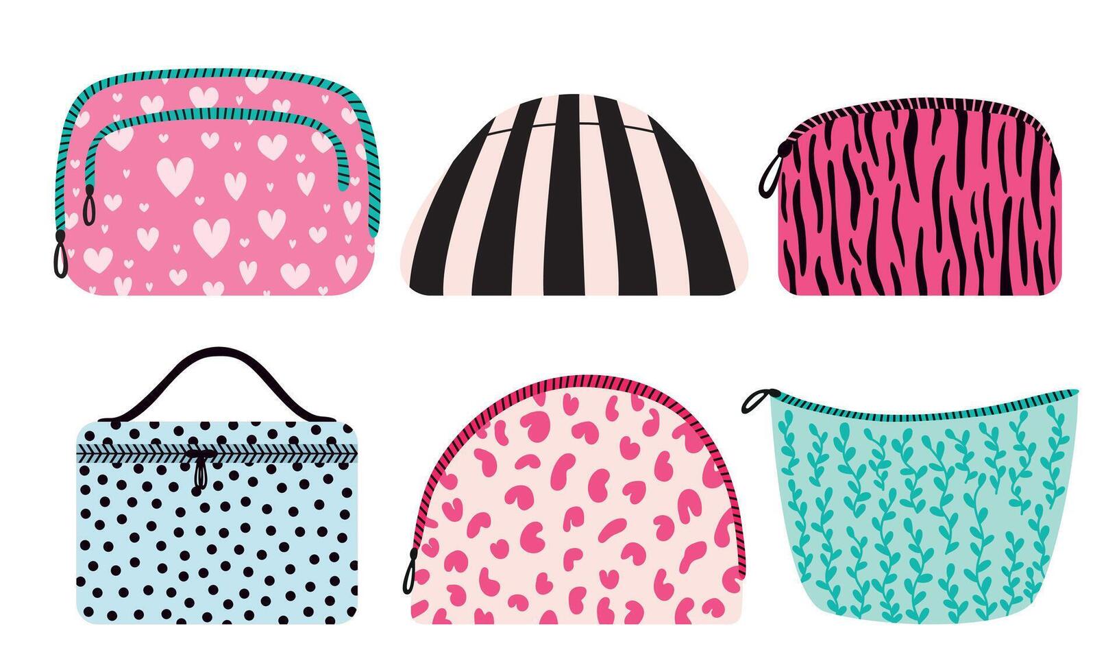 Set of cosmetic bags with different prints in flat style. Make up bags with animal prints, hearts, leaves and dots set vector