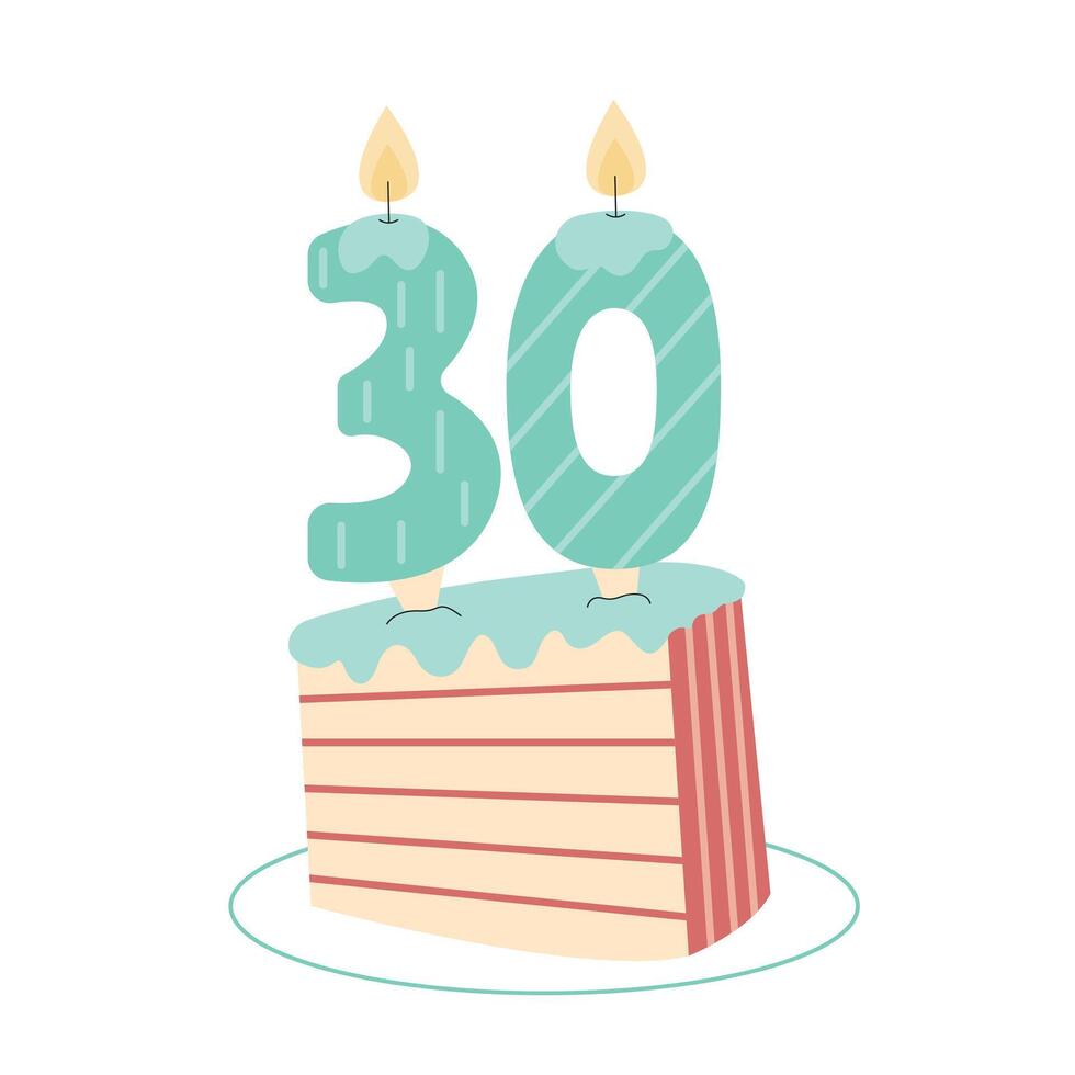 Slice of cake with thirty shape candles illustration vector