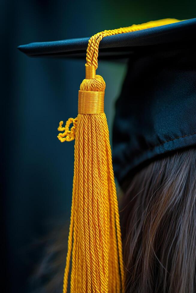 Graduating cap with golden tassel displayed outdoors against a blurred background photo