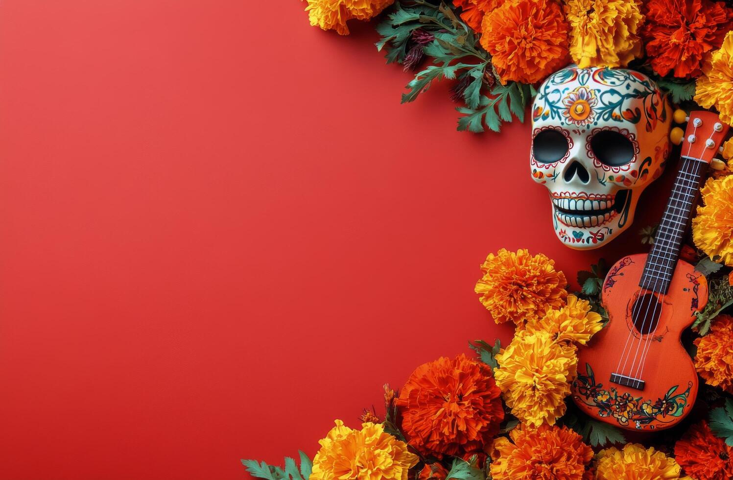 A vibrant ukulele surrounded by colorful autumn flowers on a bold red background photo
