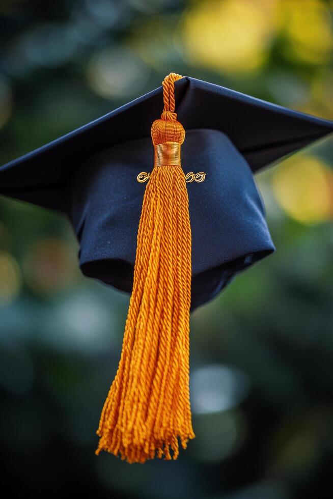 Graduating cap with golden tassel displayed outdoors against a blurred background photo