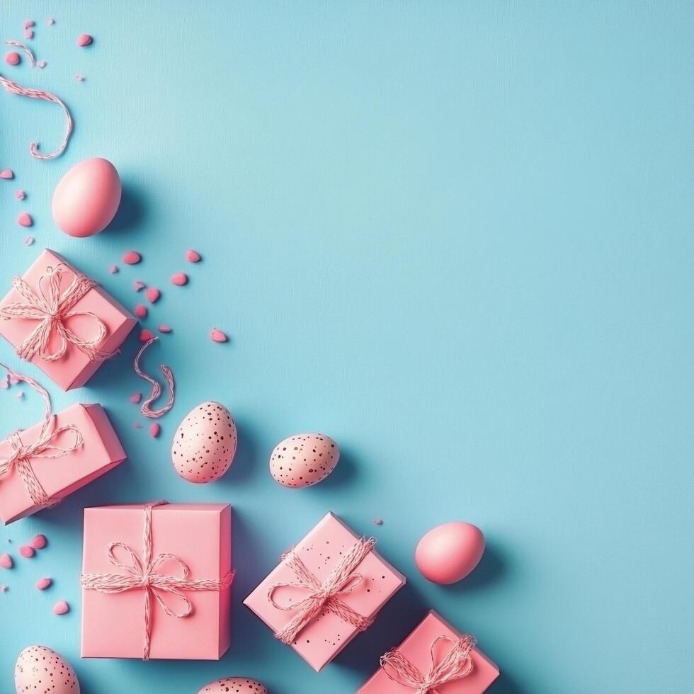 Colorful Easter gifts and decorated eggs arranged on a blue background with spring elements photo