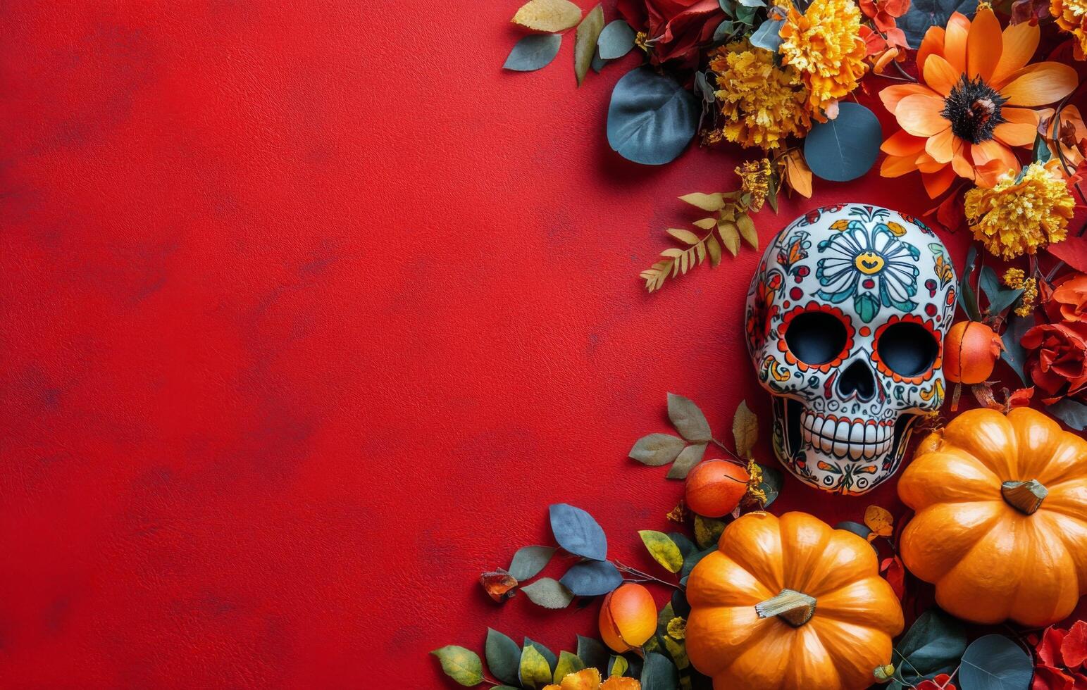 Colorful decorative skull and pumpkins surrounded by autumn leaves on a red background photo