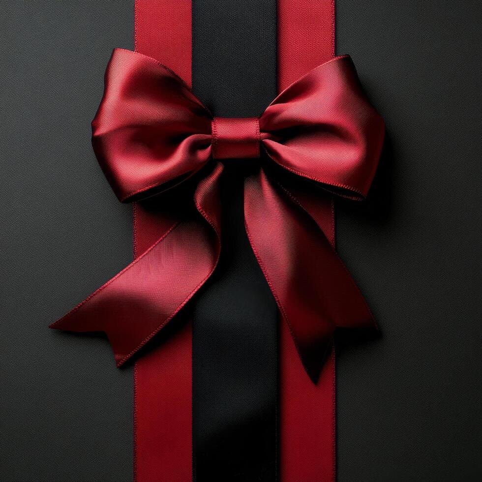 Elegant red ribbon with a bow displayed on a textured black background for gift wrapping photo