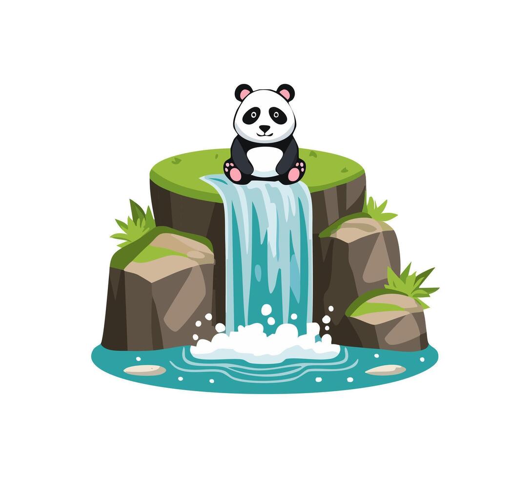 Panda resting on rocks amid a cascade vector