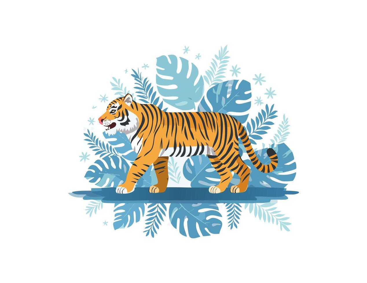 Tiger prowling on a background of blue floral patterns vector
