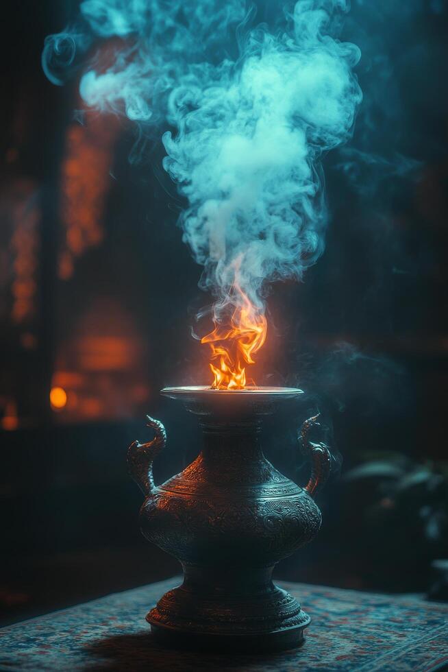 Enchanted brass lamp emitting flames and smoke in a mystical setting during twilight photo