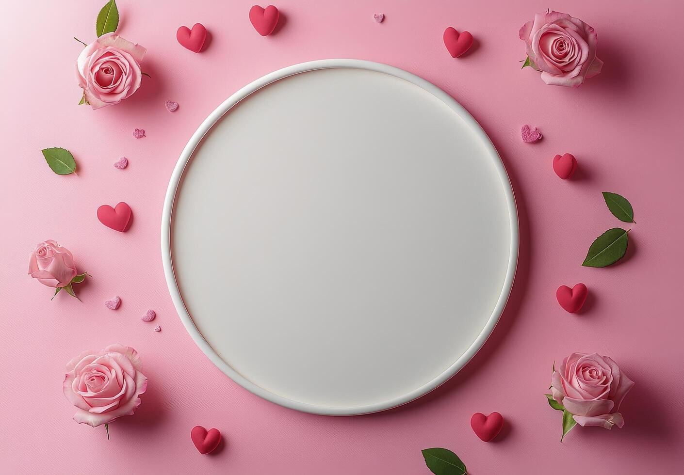 Decorative arrangement of pink roses and heart shapes surrounding a blank cake on a pink surface photo