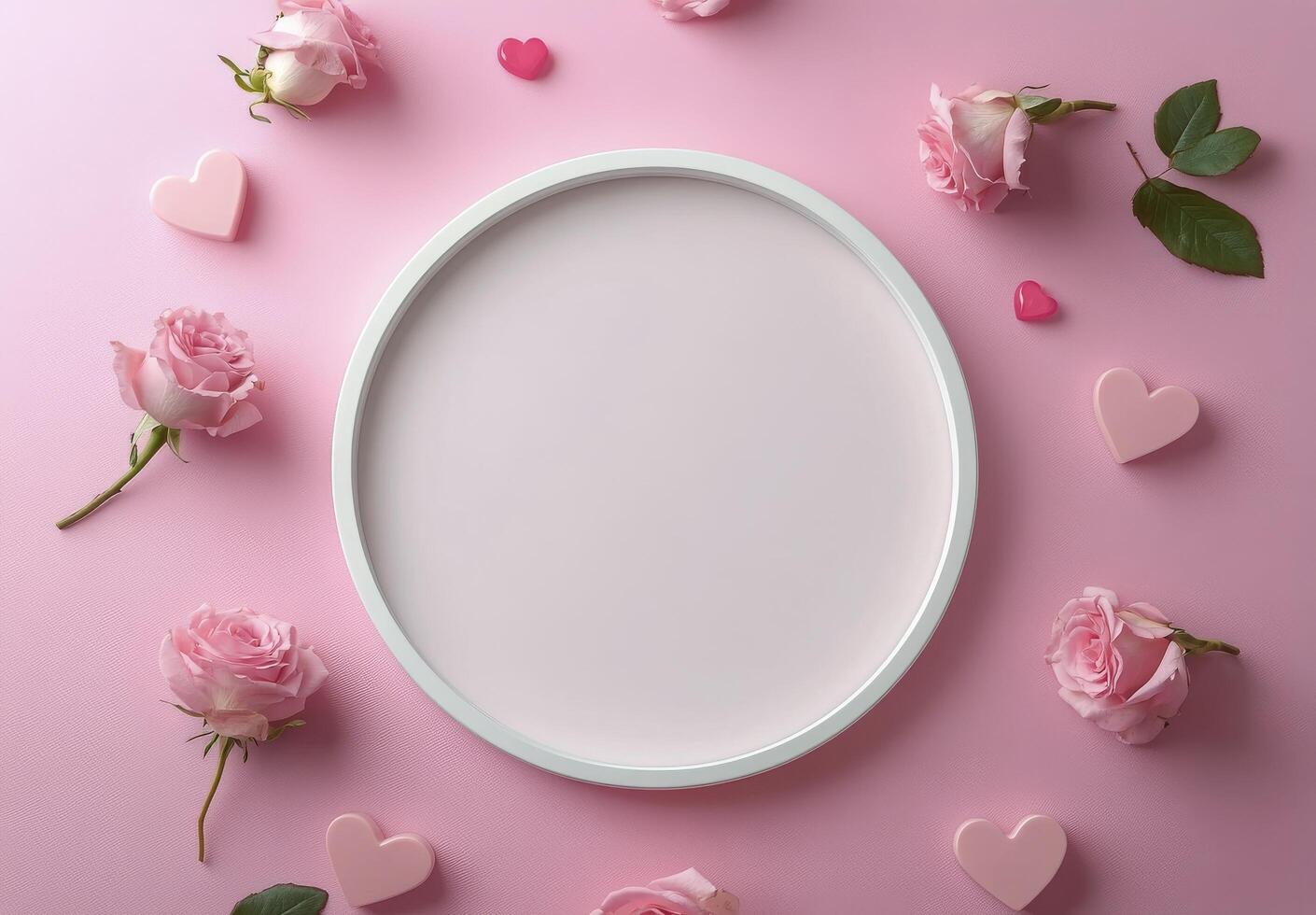 Decorative arrangement of pink roses and heart shapes surrounding a blank cake on a pink surface photo