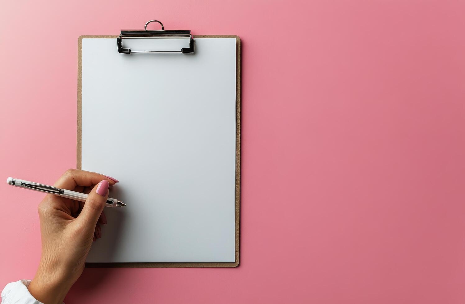 Taking notes on a clipboard with a blank page and a pen on a pink background photo