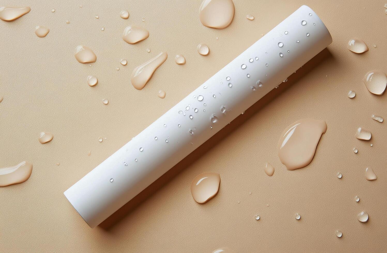A white chalk stick resting on a smooth surface with droplets of water scattered around it photo