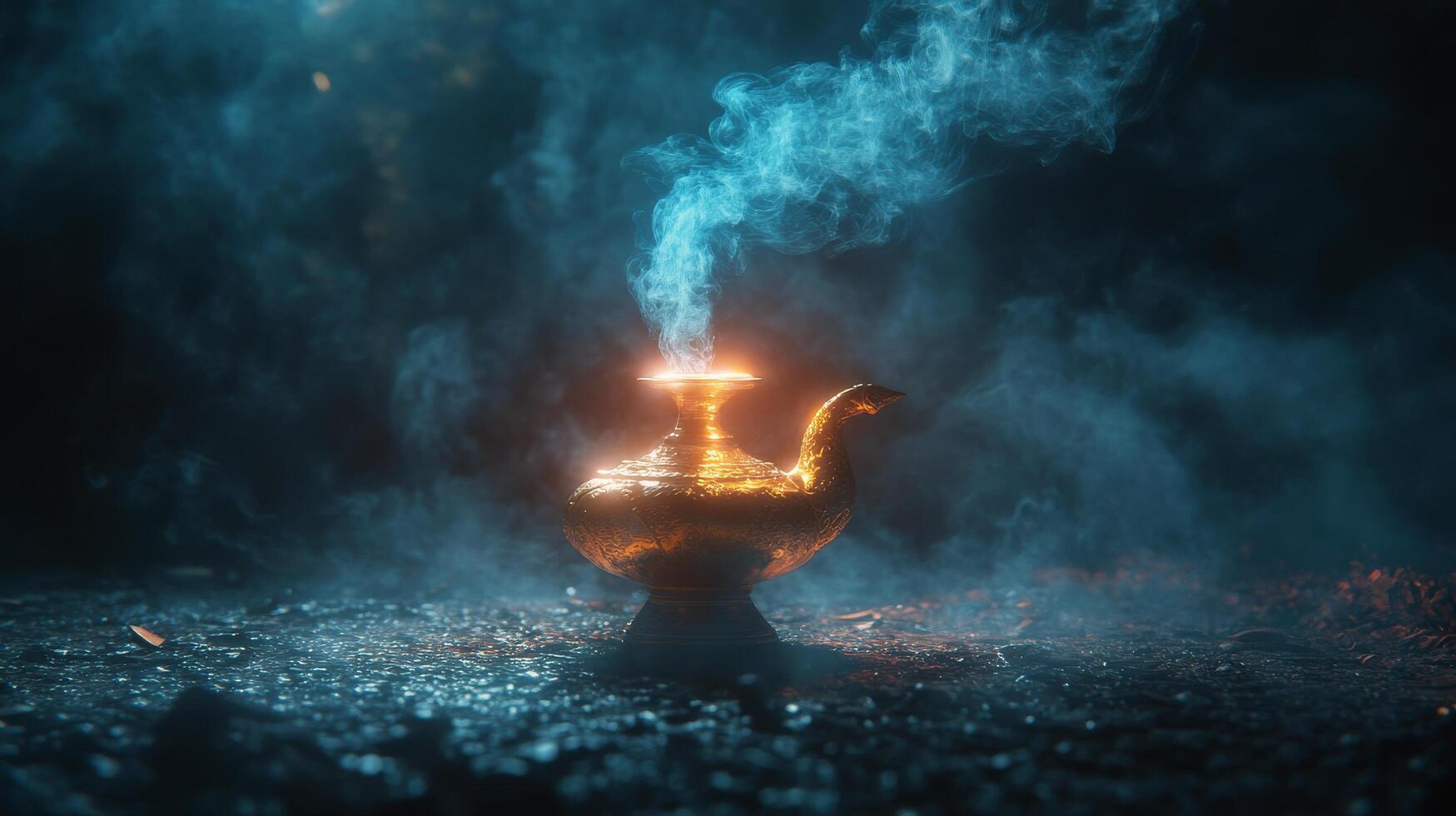 A mystical lamp emitting smoke in a dimly lit ancient setting at night photo
