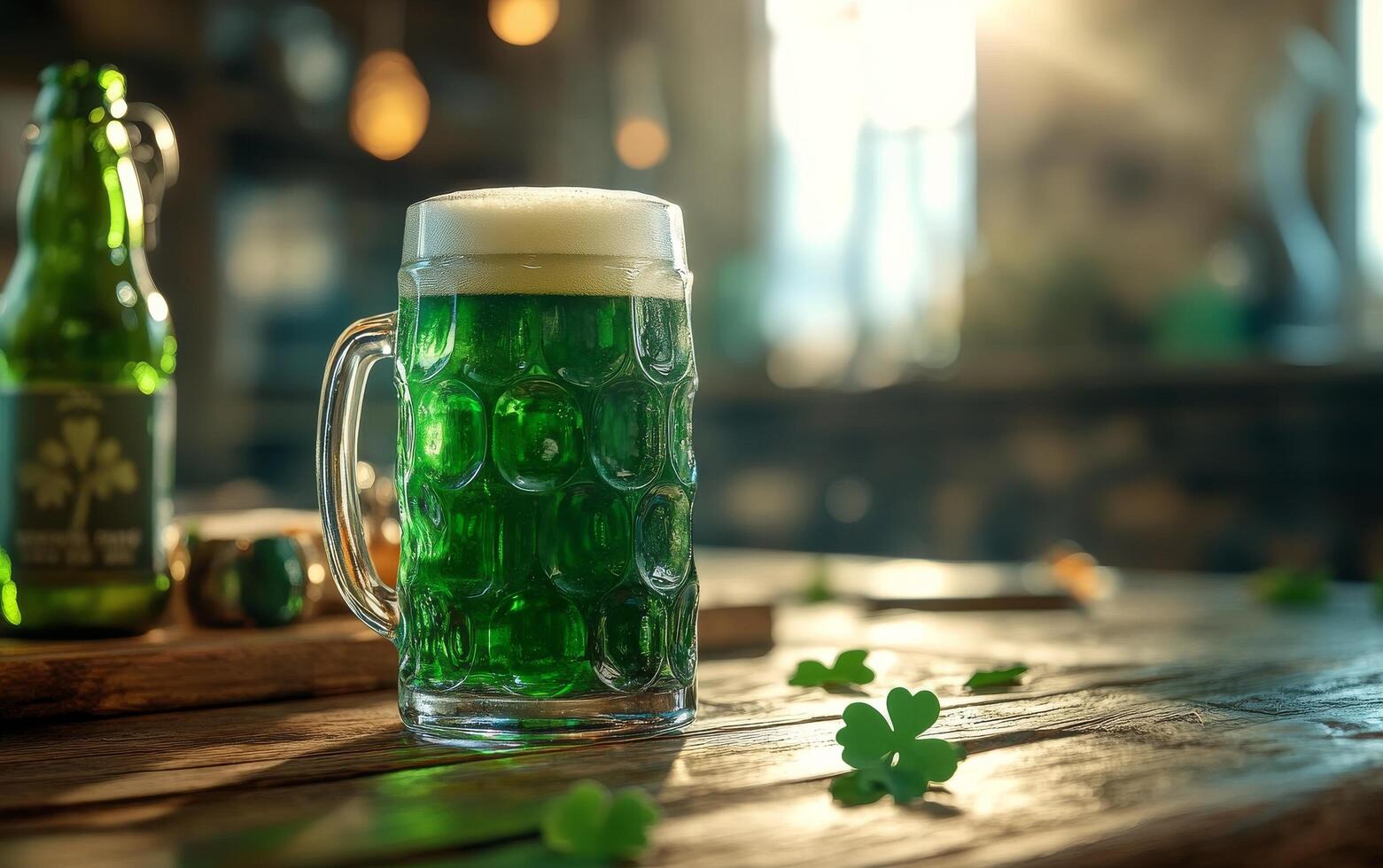 A refreshing green beverage sits on a wooden table with shamrock decorations in a festive setting photo