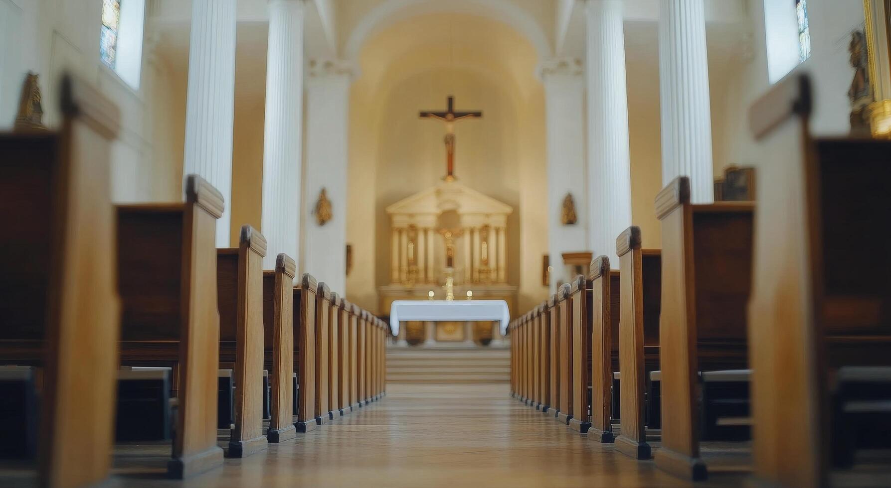Interior view of a serene church with wooden pews and elegant stained glass windows during daylight photo