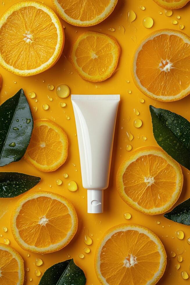 Fresh citrus elements with cream tube on vibrant yellow backdrop creating a lively arrangement photo