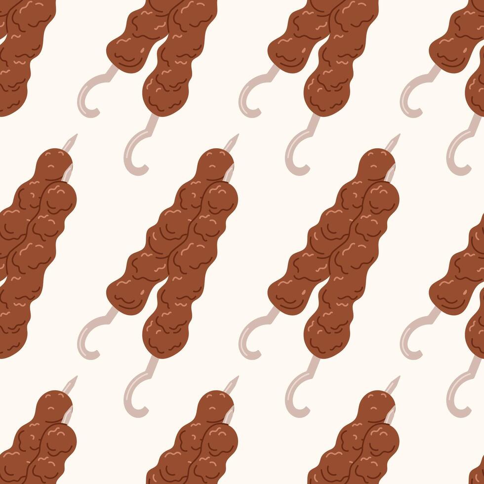 Traditional Turkish national dish, meat lula kebab. Beef or lamb on a skewer, grilled on coals. seamless pattern, flat food illustration. vector
