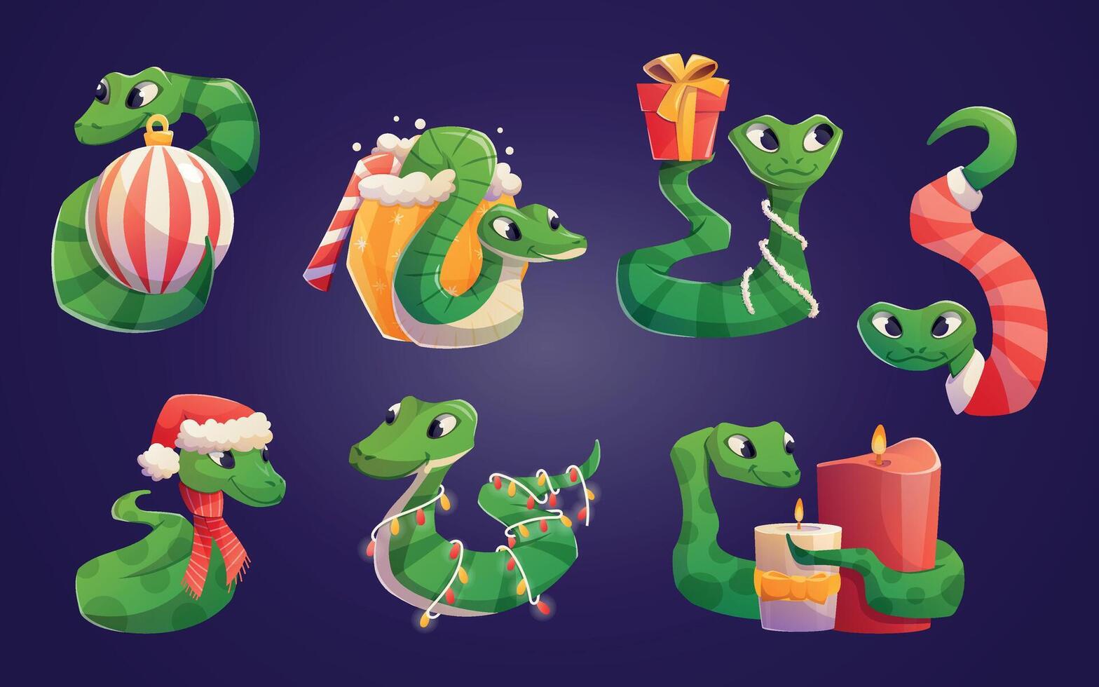 Collection of funny green tree holiday snakes. Symbol of Chinese New Year 2025. Set of isolated cartoon Christmas character illustrations. vector