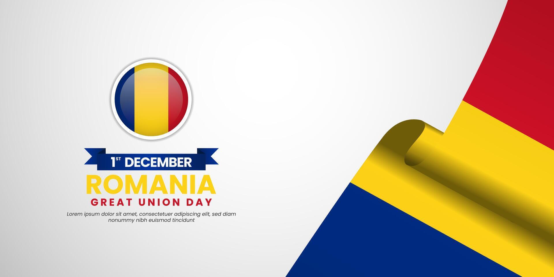 Romania great union day greeting card, banner background template with national waving flag vector